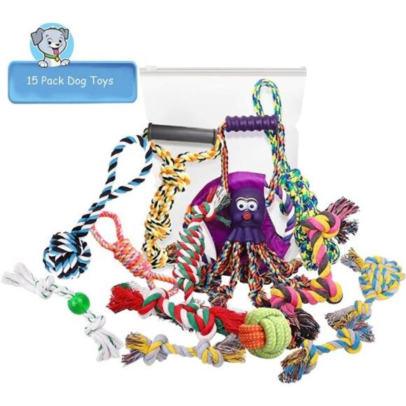 Dog Rope Toys 15 Pack Dog Toys,Puppy Grinding Teething Chew Toys,Tug of War Toys - Picture 6 of 6